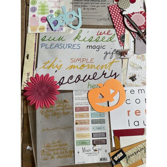 Lot 75 Journaling Scrapbooking Stickers Die Cuts Brads Eyelets Ribbon Flowers - Picture 8 of 9